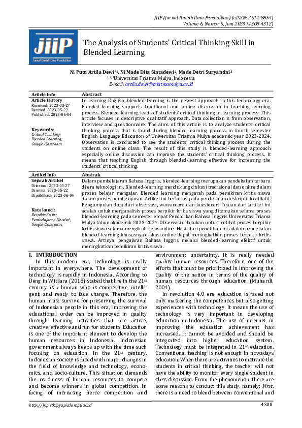 Pdf The Analysis Of Students Critical Thinking Skill In Blended Learning