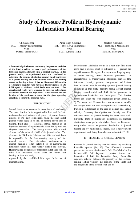 (PDF) Study of Pressure Profile in Hydrodynamic Lubrication Journal Bearing