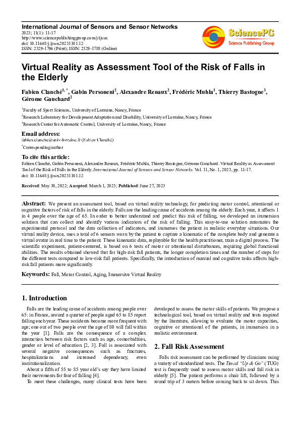(PDF) Virtual Reality as Assessment Tool of the Risk of Falls in the ...