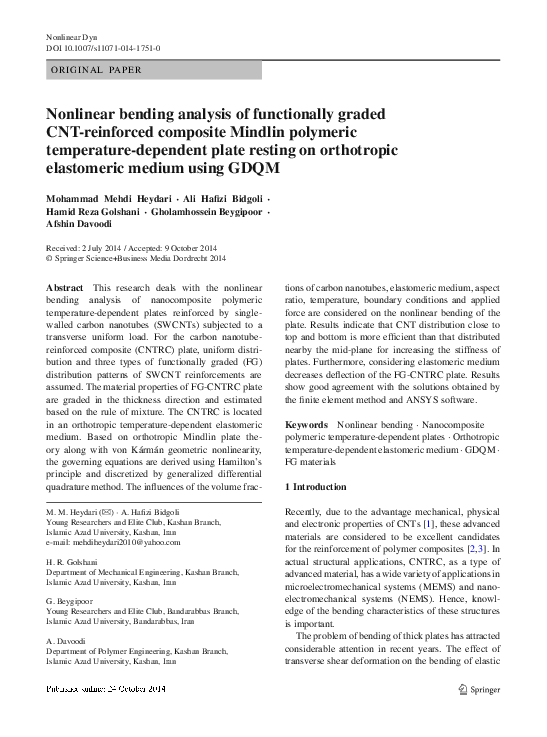 (PDF) Nonlinear bending analysis of functionally graded CNT-reinforced ...