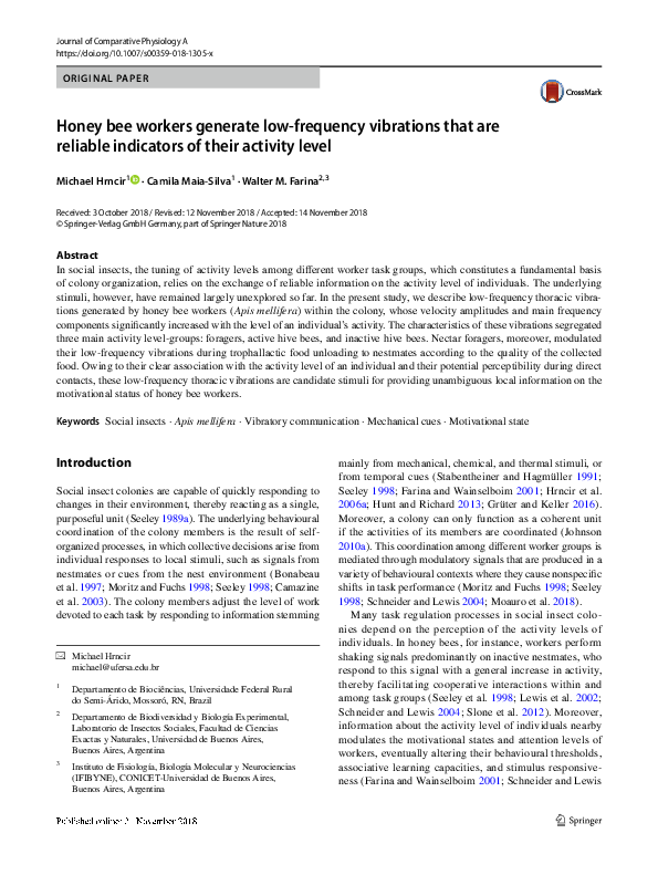 (PDF) Honey bee workers generate low-frequency vibrations that are ...
