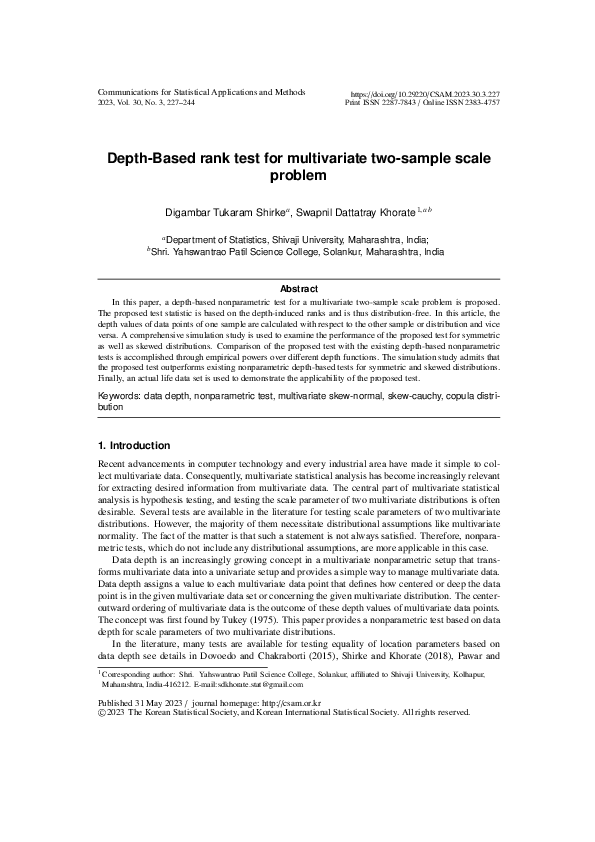 (PDF) Depth-Based rank test for multivariate two-sample scale problem
