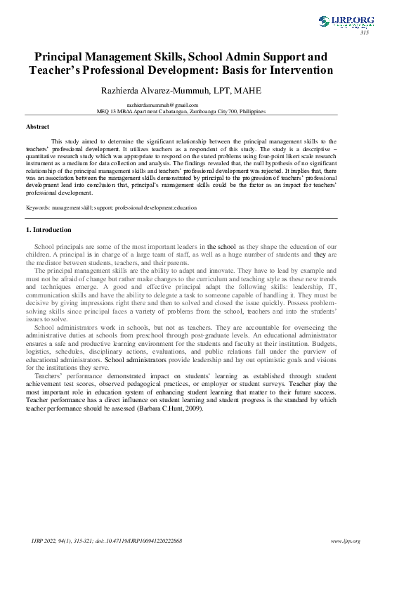 (PDF) Principal Management Skills, School Admin Support and Teacher’s ...