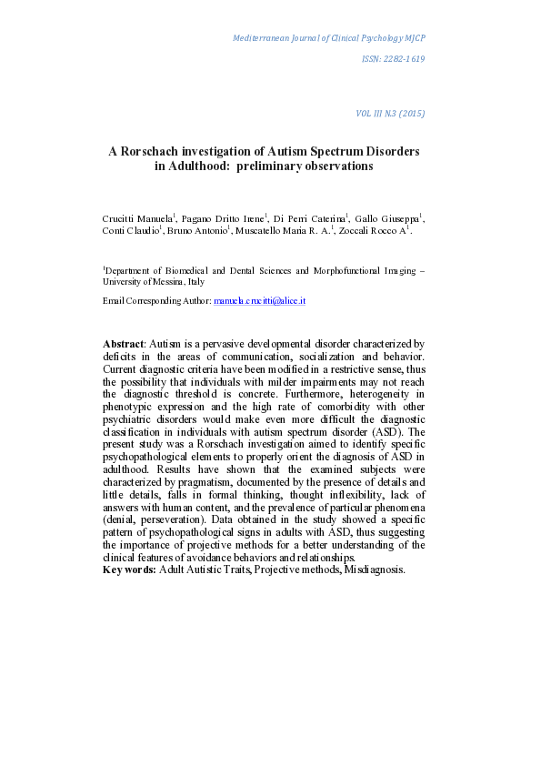 (PDF) A Rorschach investigation of Autism Spectrum Disorders in Adulthood