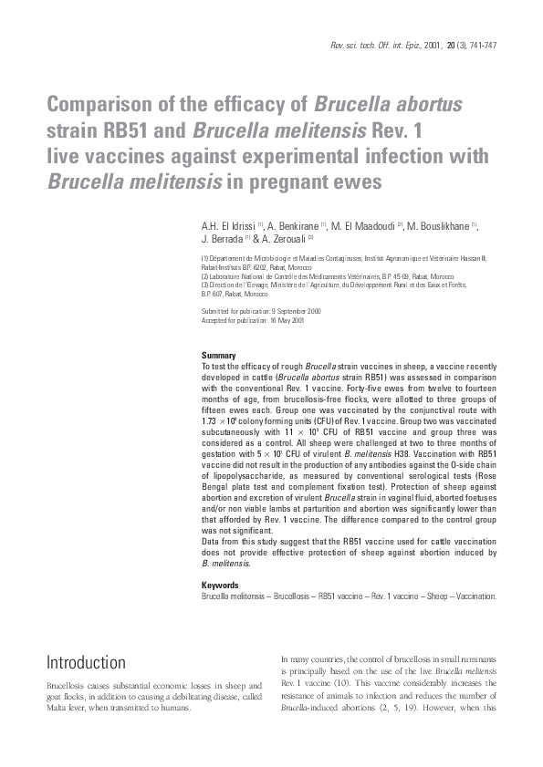 (PDF) Comparison of the efficacy of Brucella abortus strain RB51 and ...