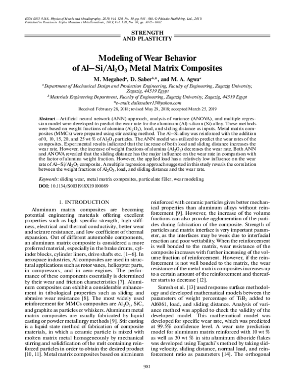 (PDF) Modeling of Wear Behavior of Al–Si/Al2O3 Metal Matrix Composites