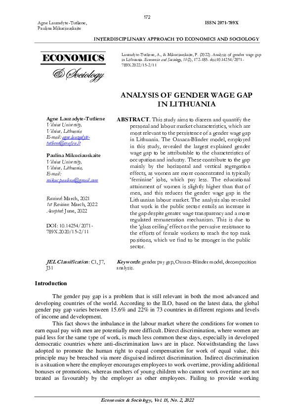 (PDF) Analysis of gender wage gap in Lithuania