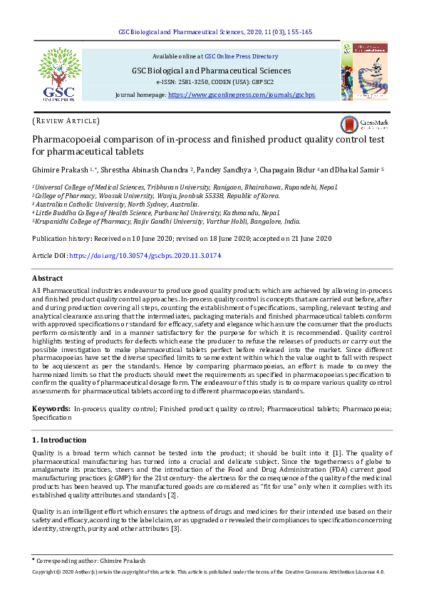 (PDF) Pharmacopoeial comparison of inprocess and finished product