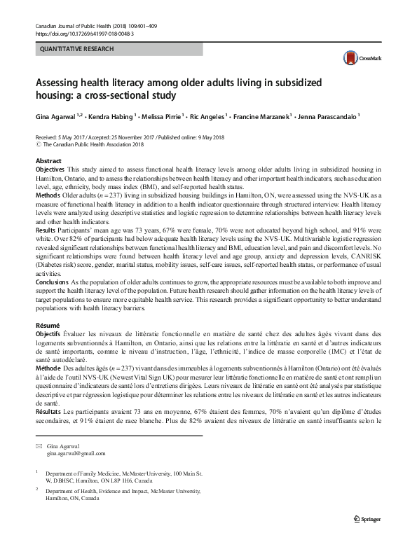 (PDF) Assessing health literacy among older adults living in subsidized ...