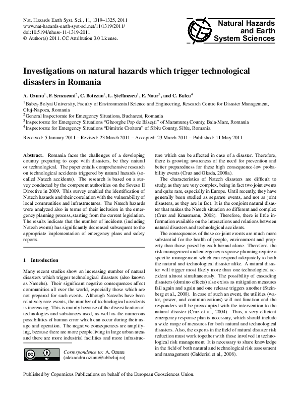 Pdf Investigations On Natural Hazards Which Trigger Technological