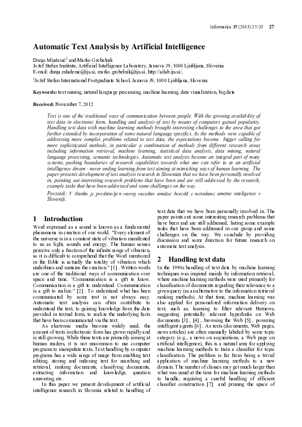 (PDF) Automatic Text Analysis by Artificial Intelligence
