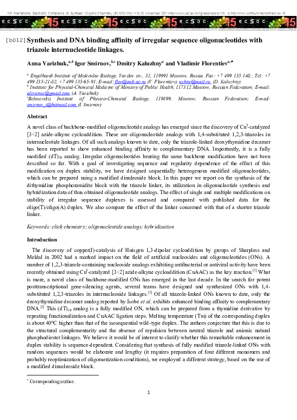 (PDF) Synthesis and DNA binding affinity of irregular sequence ...