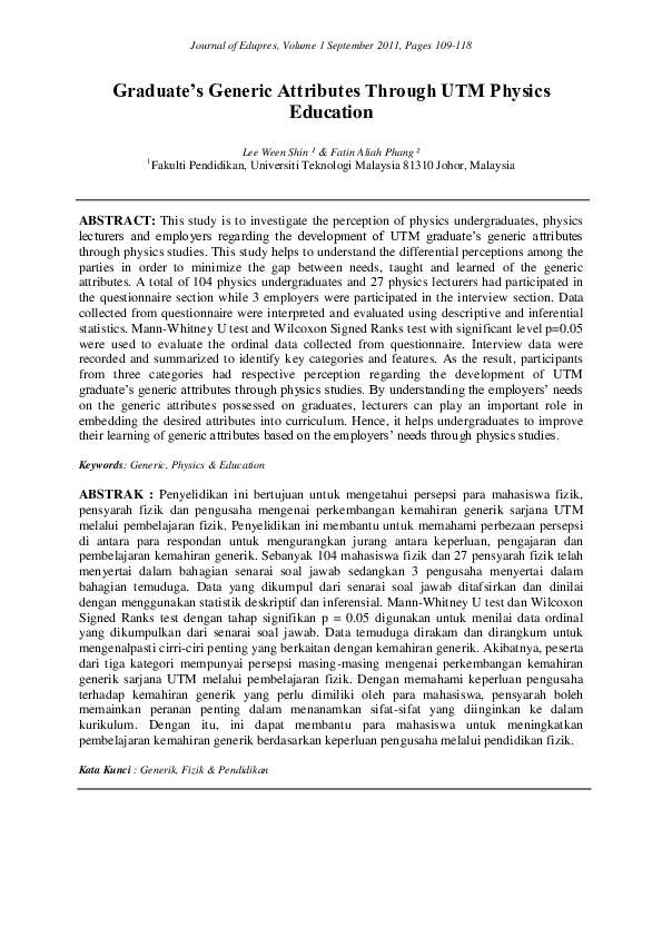 Pdf Graduate S Generic Attributes Through Utm Physics Education Fatin Phang Academia Edu