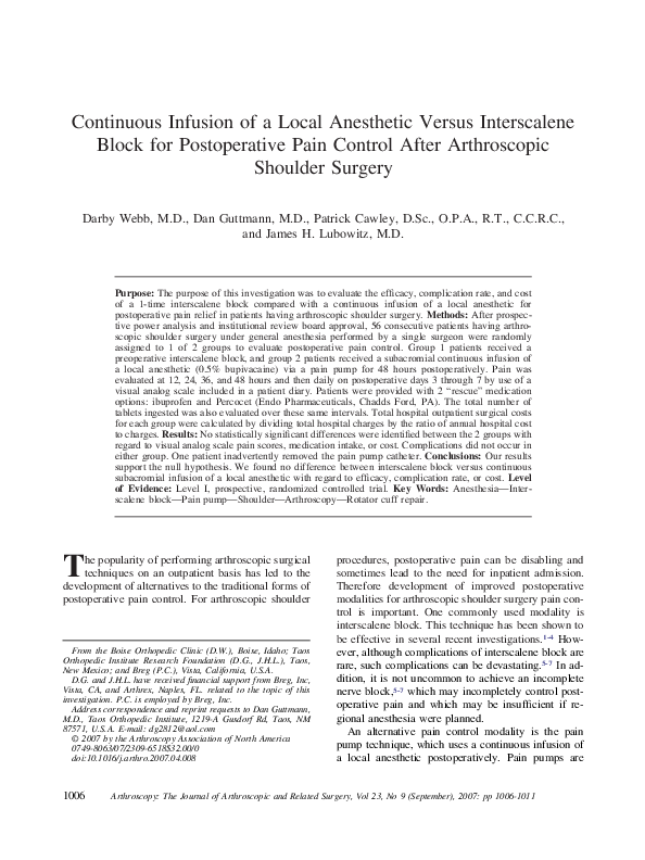 (PDF) Continuous Infusion of a Local Anesthetic Versus Interscalene