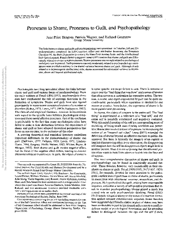 (PDF) Proneness to shame, proneness to guilt, and psychopathology