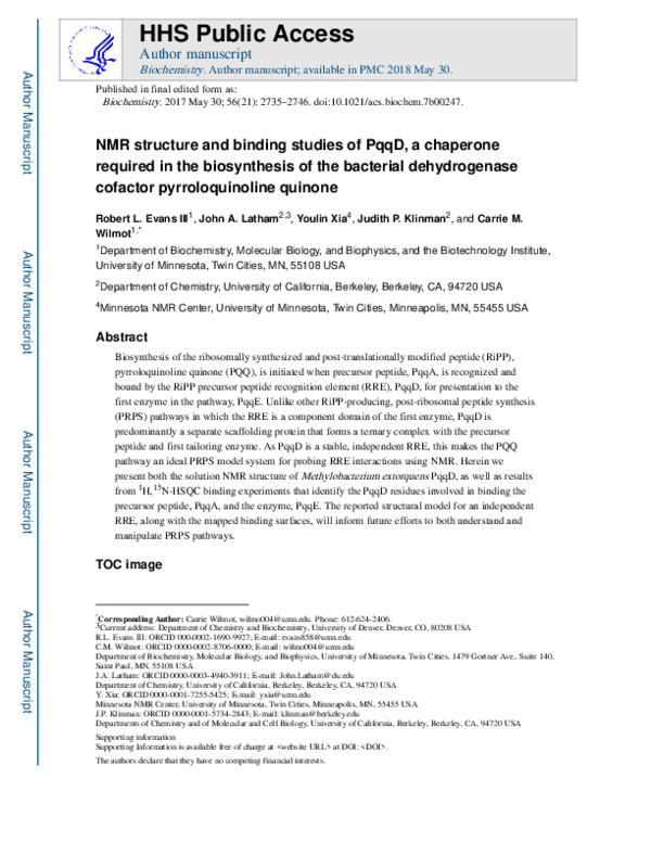(PDF) Nuclear Magnetic Resonance Structure and Binding Studies of PqqD ...