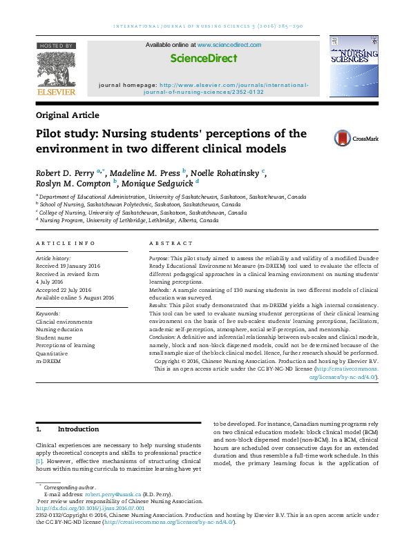 (PDF) Pilot study: Nursing students' perceptions of the environment in ...