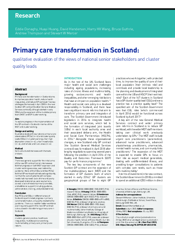 (PDF) Primary care transformation in Scotland: qualitative evaluation ...