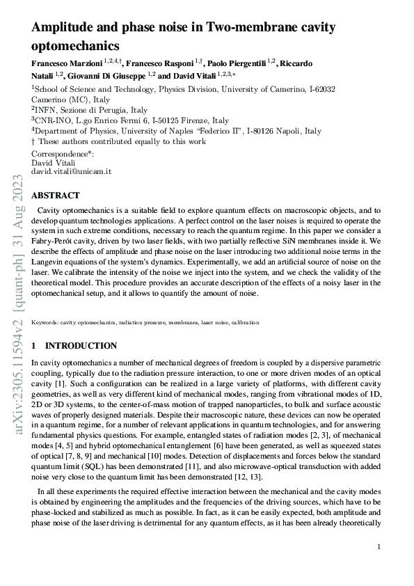 (PDF) Amplitude and phase noise in Two-membrane cavity optomechanics