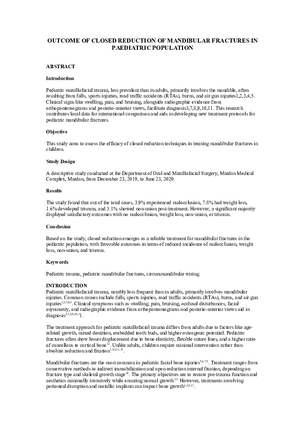 (DOC) OUTCOME OF CLOSED REDUCTION OF MANDIBULAR FRACTURES IN PAEDIATRIC ...