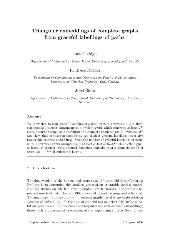 (PDF) Triangular embeddings of complete graphs from graceful labellings ...