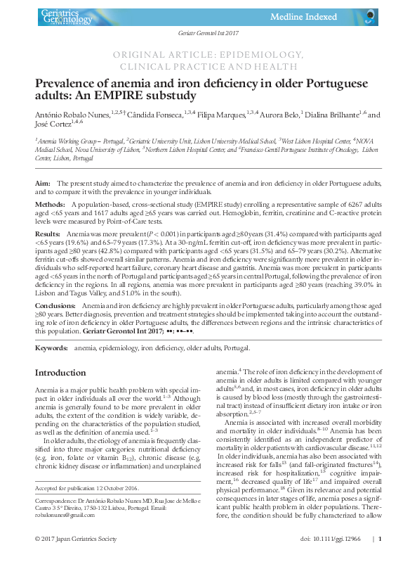 (PDF) Prevalence of anemia and iron deficiency in older Portuguese ...