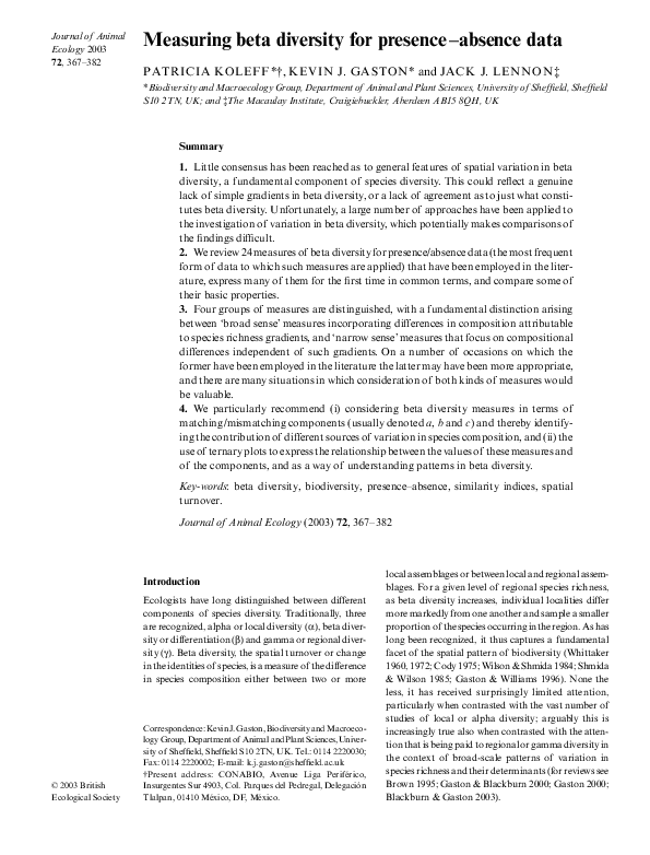 (PDF) Measuring beta diversity for presence-absence data