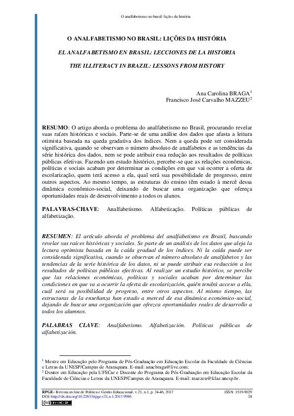 Pdf O Analfabetismo No Brasil Lições Da História El Analfabetismo En