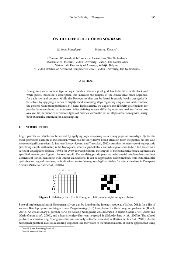 (PDF) On the Difficulty of Nonograms