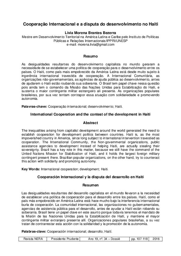 (PDF) COOPERAÇÃO INTERNACIONAL E A DISPUTA DO DESENVOLVIMENTO NO HAITI ...