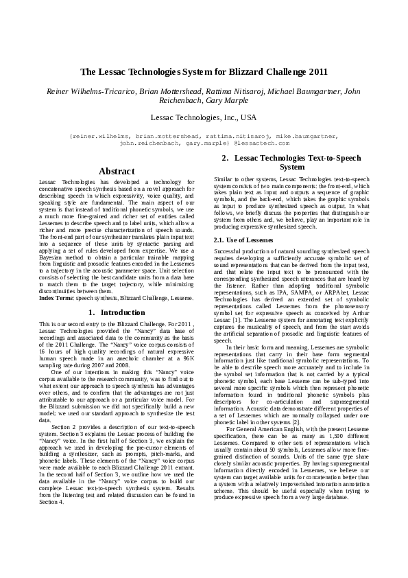 (PDF) The Lessac Technologies System for Blizzard Challenge 2010 ...