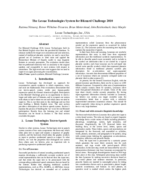 (PDF) The Lessac Technologies System for Blizzard Challenge 2010