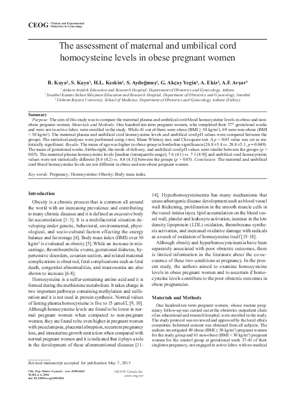 (PDF) The assessment of maternal and umbilical cord homocysteine levels ...