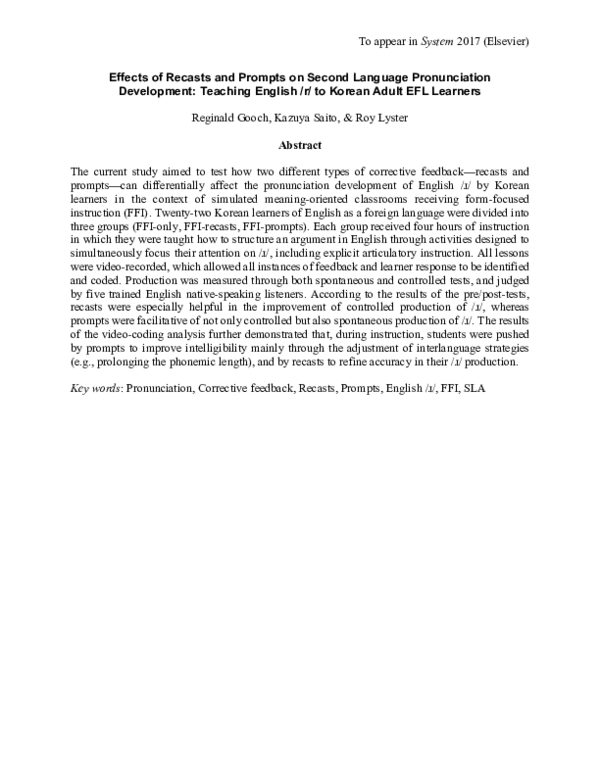 (PDF) Effects of recasts and prompts on L2 pronunciation development ...