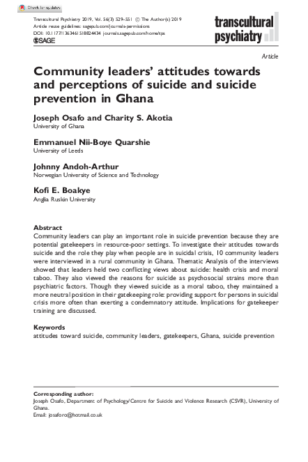 (PDF) Community leaders' attitudes towards and perceptions of suicide ...