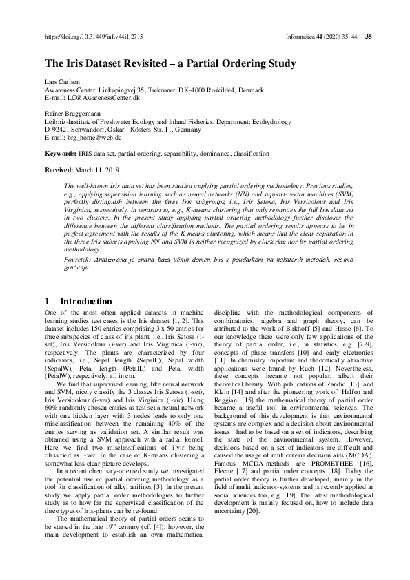 (PDF) The Iris dataset revisited. A partial ordering study