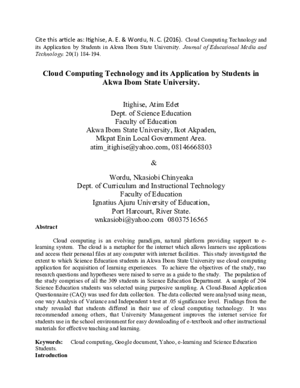 (DOC) Cloud Computing Technology and its Application by Students in ...