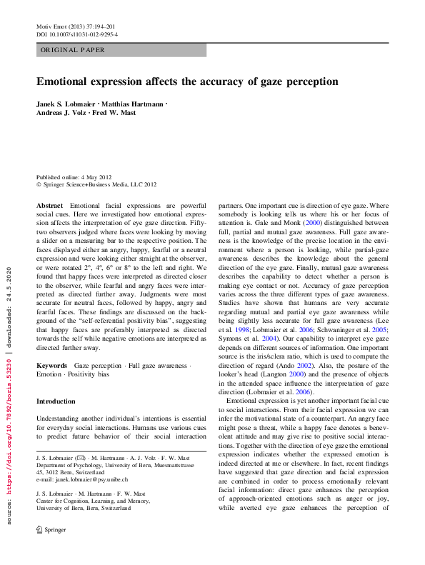 (PDF) Emotional expression affects the accuracy of gaze perception