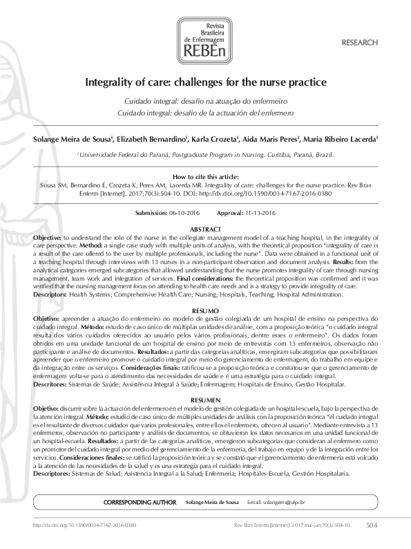 (PDF) Integrality of care: challenges for the nurse practice