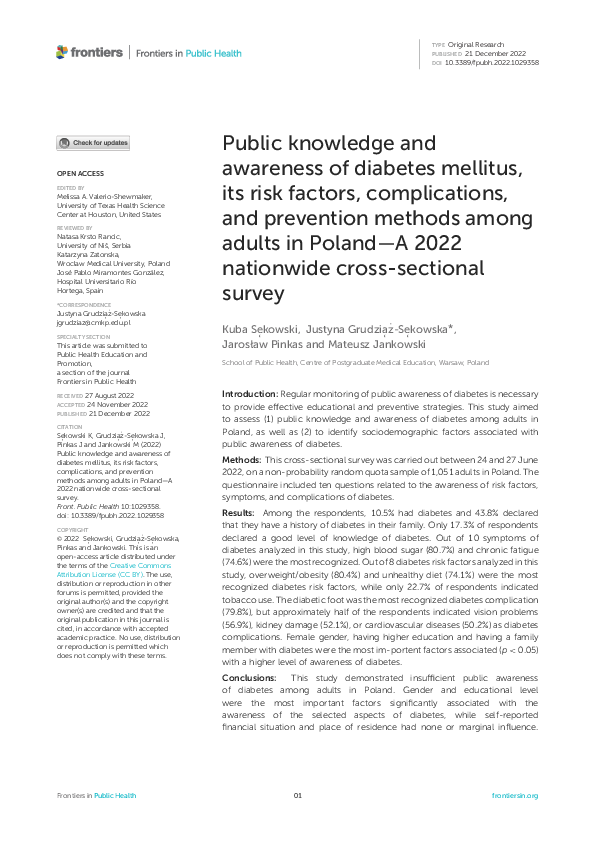 (PDF) Public knowledge and awareness of diabetes mellitus, its risk ...