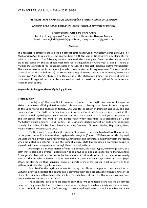 (PDF) An Archetypal Analysis on Louise Gluck’s Poem: A Myth of Devotion