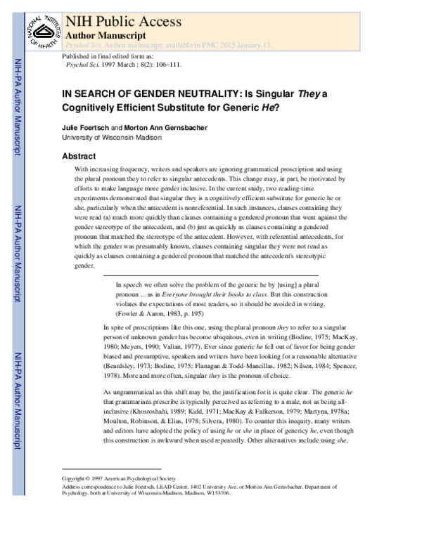 (PDF) In Search of Gender Neutrality: Is Singular They a Cognitively ...