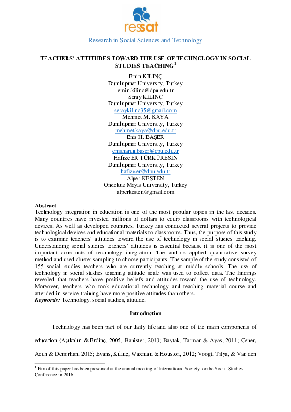 (PDF) Teachers' Attitudes Toward the Use of Technology in Social ...