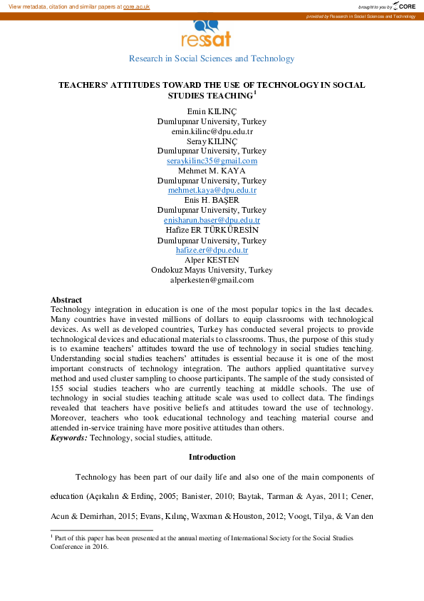 (PDF) Teachers' Attitudes Toward the Use of Technology in Social ...