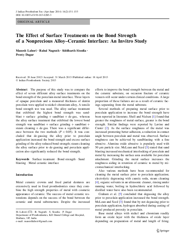 (PDF) The Effect of Surface Treatments on the Bond Strength of a ...