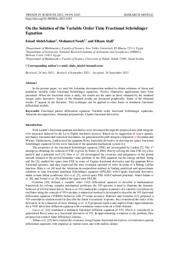 (PDF) On the Solution of the Variable Order Time Fractional Schrödinger ...