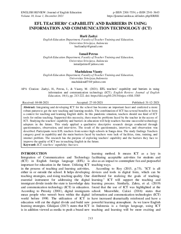 (PDF) Efl Teachers’ Capability and Barriers in Using Information and ...
