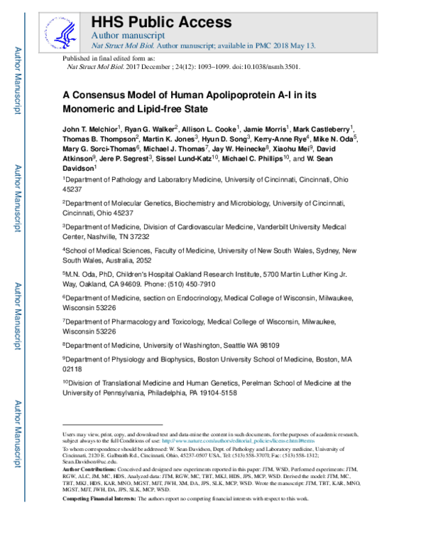 (PDF) A consensus model of human apolipoprotein A-I in its monomeric ...