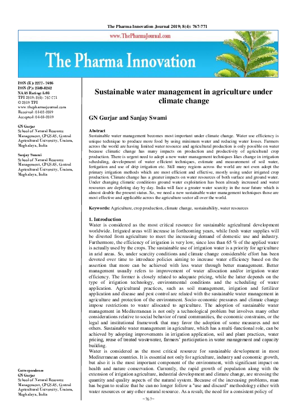 (PDF) Sustainable water management in agriculture under climate change