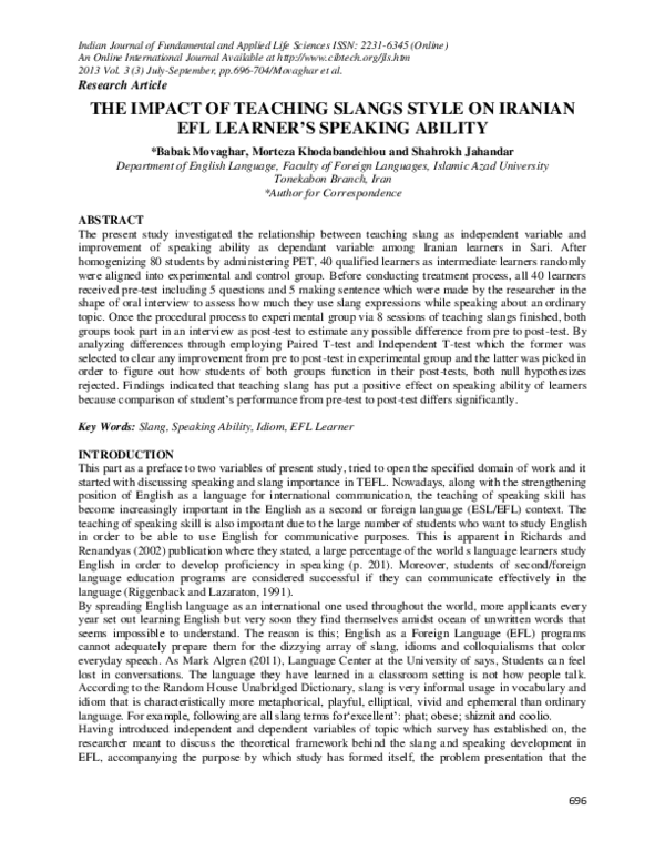 (PDF) The Impact of Teaching Slangs Style on Iranian Efl Learner's ...